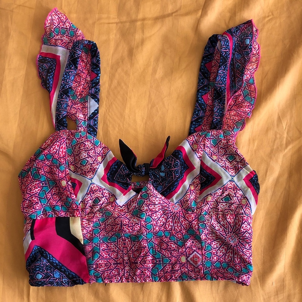 Fire Los Angeles Pink & Teal Geometric Floral Crop Top
